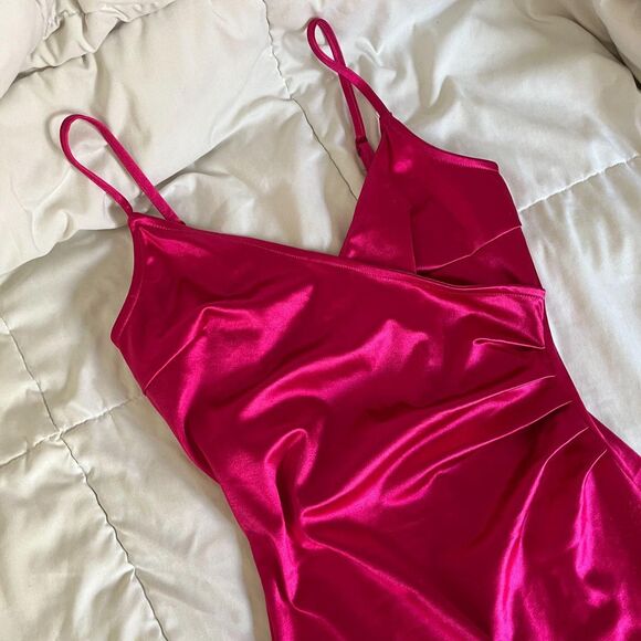 Inspired Hearts Y2K Style Magenta Hot Pink Satin Slip Cocktail Party Mini Dress - Picture 5 of 6